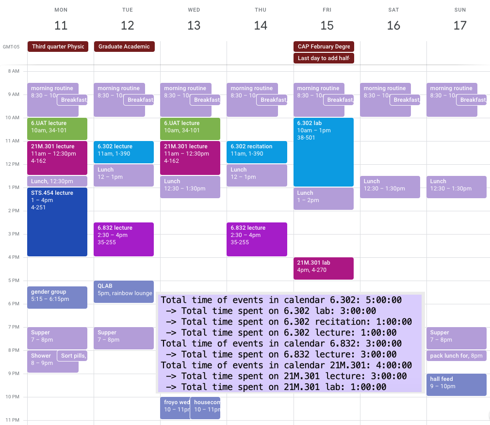 Screenshot of Google Calendar with an inset showing the output of my time tracker