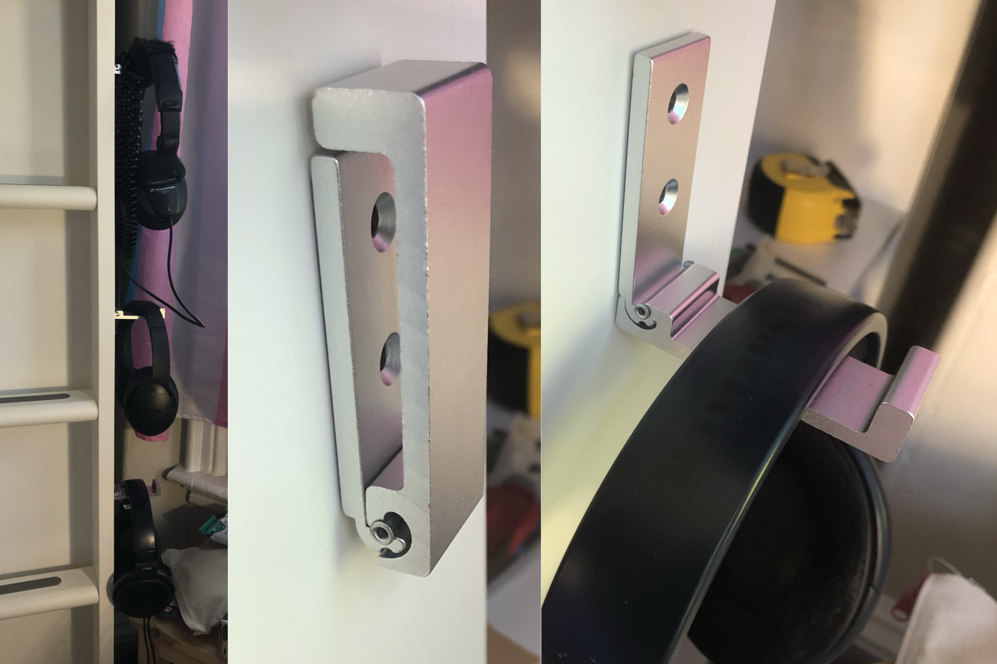 headphone hooks, folded and unfolded, and with headphones hanging from them
